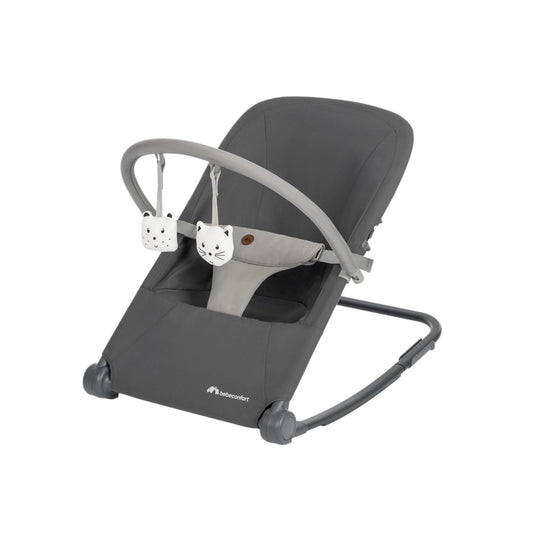 Bebeconfort Aster baby rocker in tinted graphite with adjustable backrest, removable toy arch, 3-point harness, lightweight design