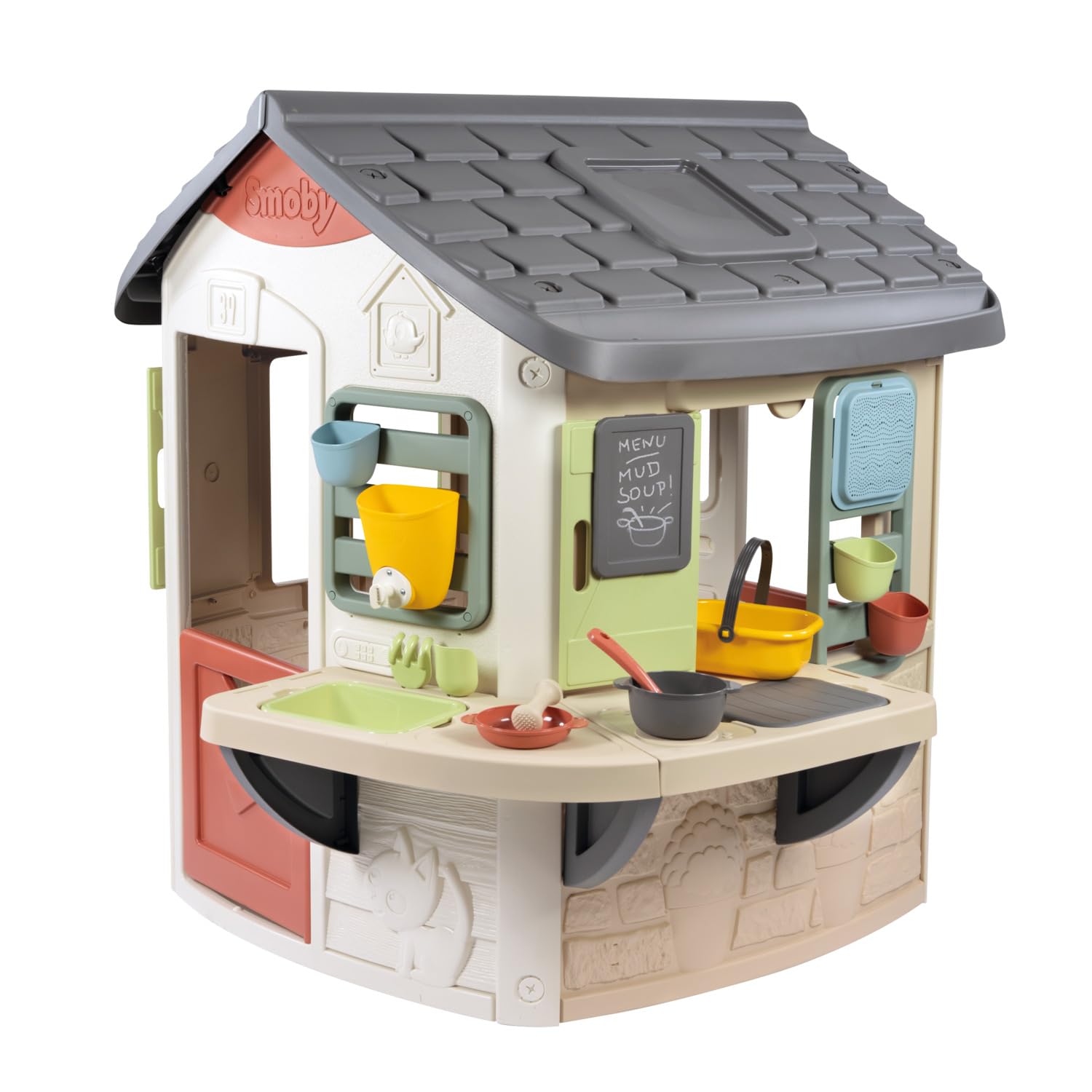 Smoby Life Mud Cooking House with outdoor play area, featuring a small wooden playhouse and mud kitchen setup for kids.