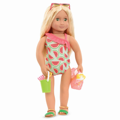 Colourful swimsuit outfit and beach toys for 18-inch dolls from Our Generation, featuring 11 beach day accessories.