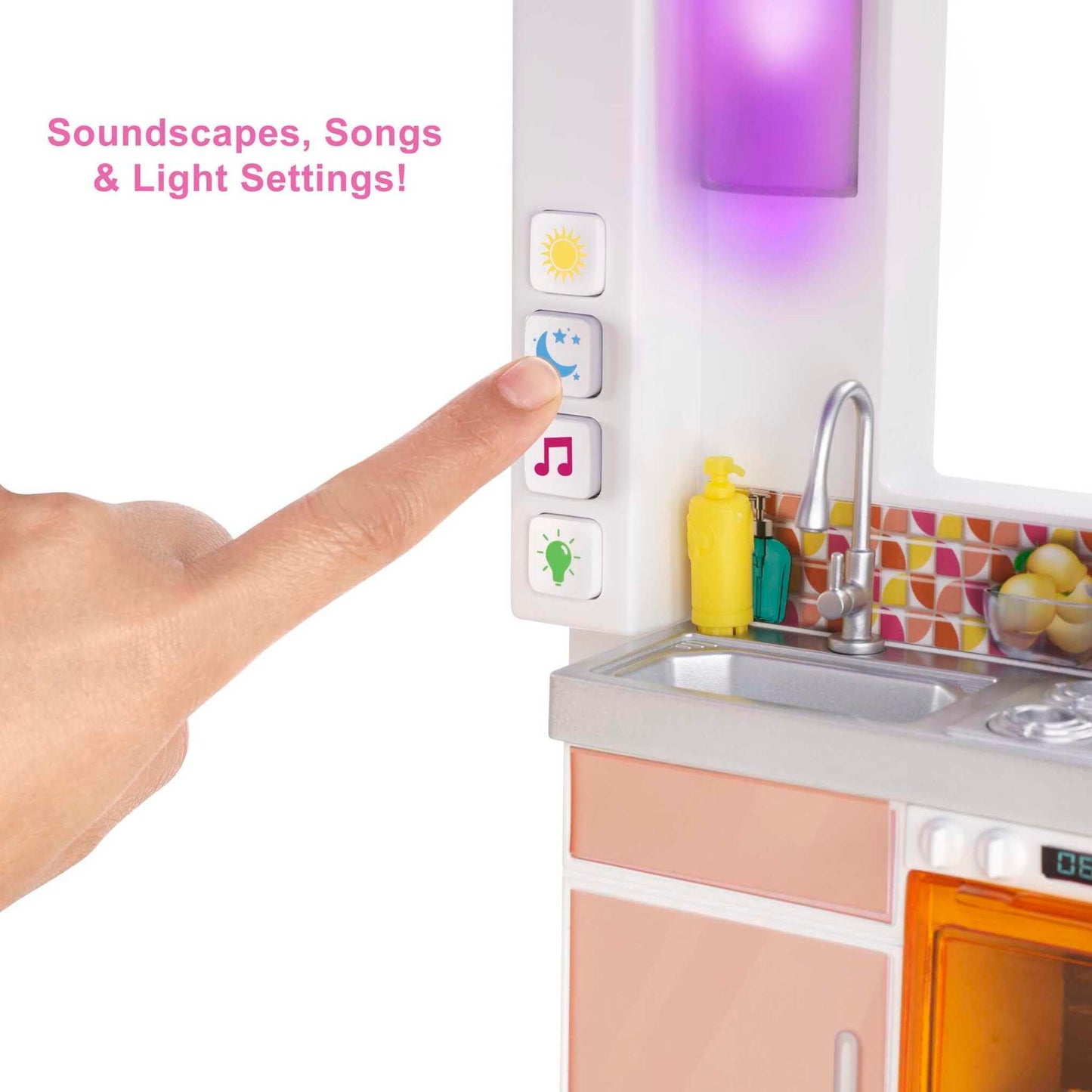 Barbie DreamHouse dollhouse with wheelchair elevator, 75+ accessories, 10 play areas, lighting, and music, showcasing detailed interior.