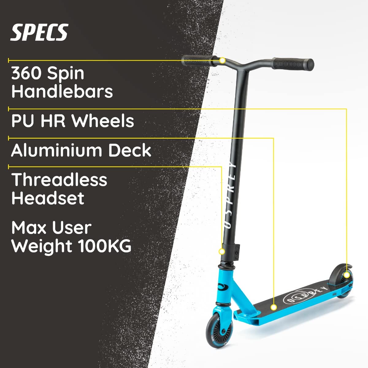 Osprey Stunt Scooter | for Boys Girls Kids and Adults, Kick T-Bar Street Pro 360 Spin Scooter with ABEC 5 Bearings and Ergonomic Handlebars, Multiple Colours, Blue