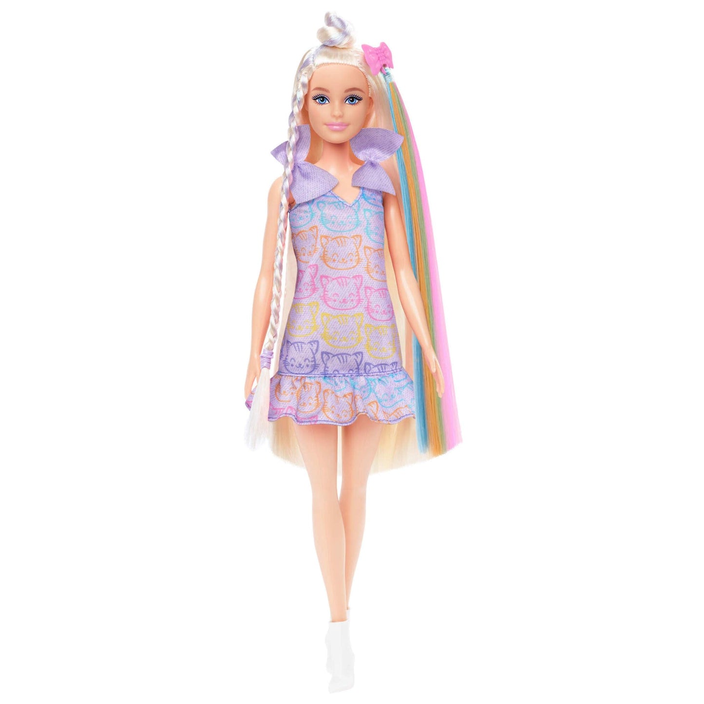 Barbie Fun & Fancy doll with long blonde hair, silver metallic dress, and hair extension, showcasing her fashionable accessories.