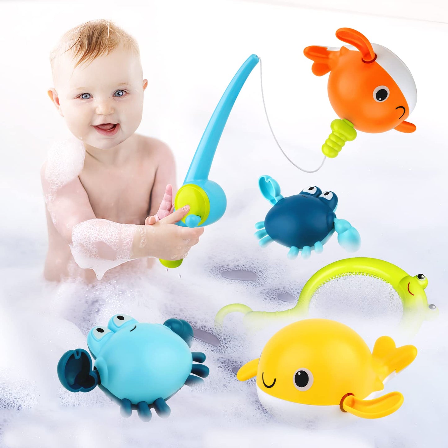 twoonto Baby Bath Toys, Wind Up Magnetic Fishing Games Toy with Fishing Net Floating Pool Bathtub Toys, Montessori Toys for Toddlers, Boys, Girls, 1 2 3 4 5 Years Old, 4 Pcs (Style C)