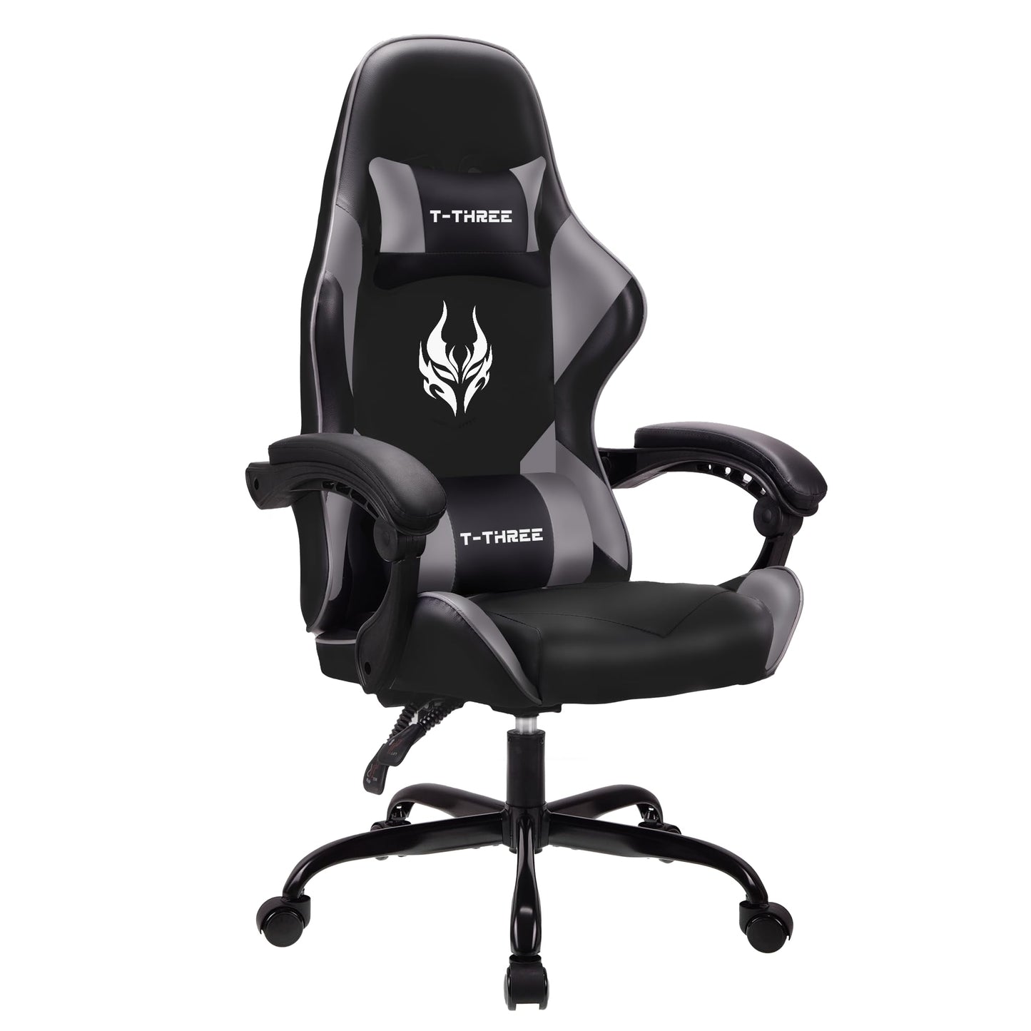 Gray T-THREE ergonomic high-back gaming chair with adjustable lumbar and headrest support, swivel base, suitable for office and gaming.
