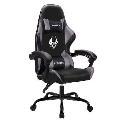 Gray T-THREE ergonomic high-back gaming chair with adjustable lumbar and headrest support, swivel base, suitable for office and gaming.