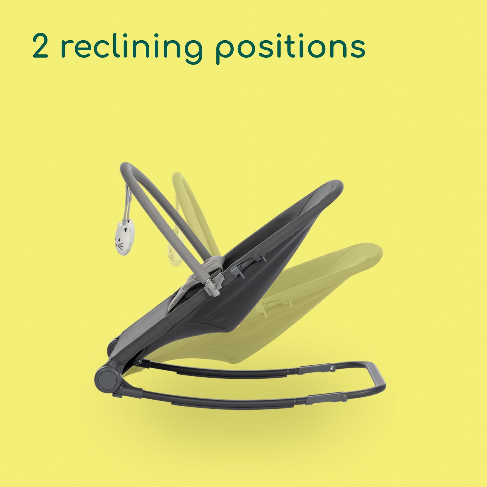Bebeconfort Aster baby rocker with adjustable backrest, removable toy arch, 3-point harness, in tinted graphite, lightweight and foldable.