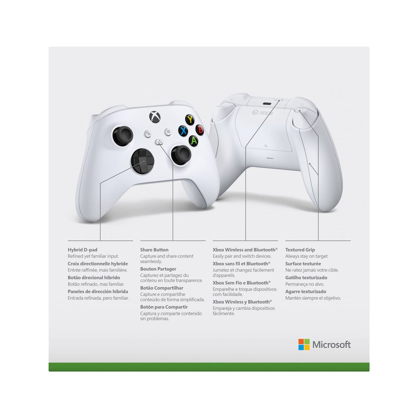 Xbox Wireless Controller in Robot White for Series X|S, One, and Windows devices, featuring ergonomic design and textured grips.
