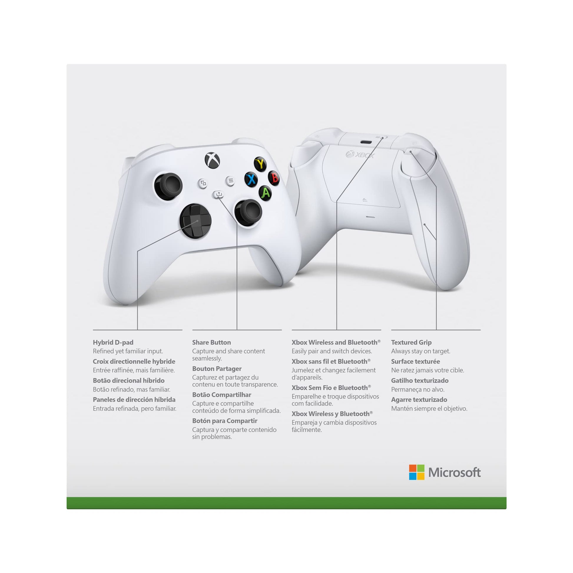 Xbox Wireless Controller in Robot White for Series X|S, One, and Windows devices, featuring ergonomic design and textured grips.
