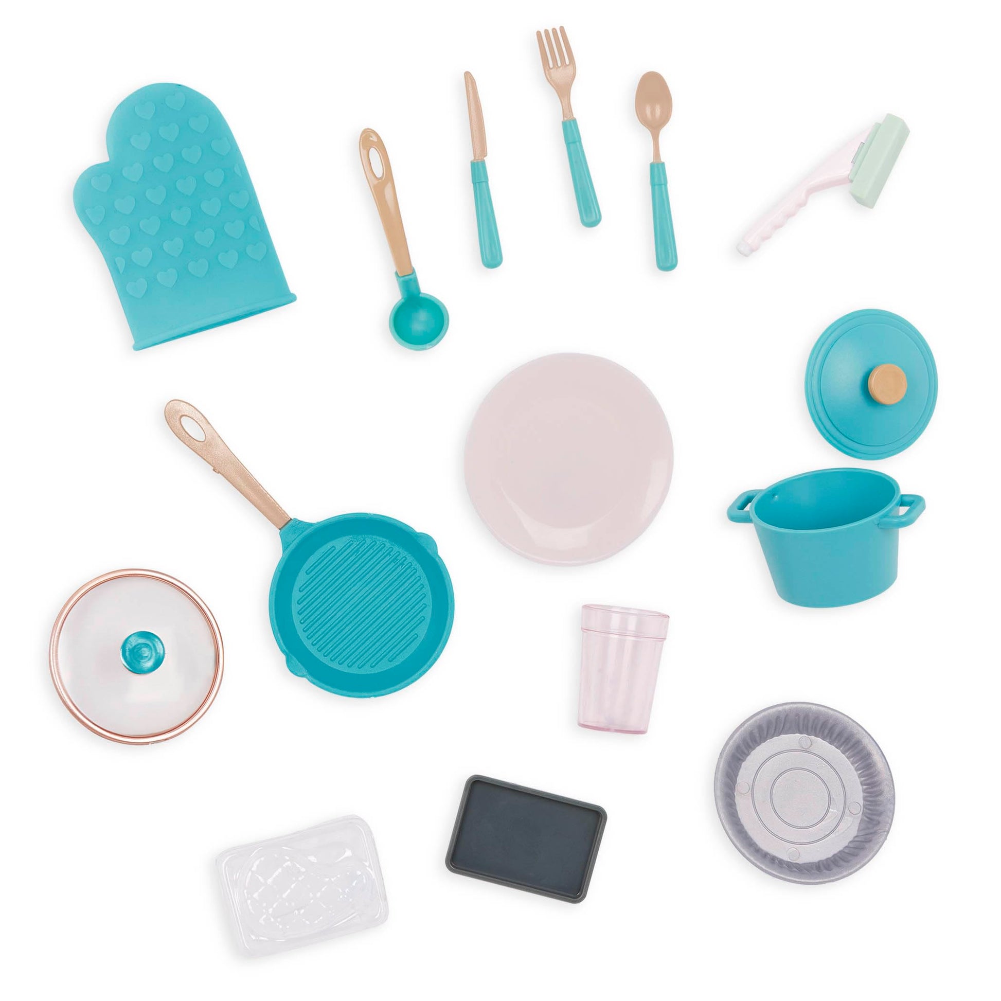 Our Generation pink fridge and kitchen playset with cooking accessories for 18-inch dolls, perfect for imaginative play.