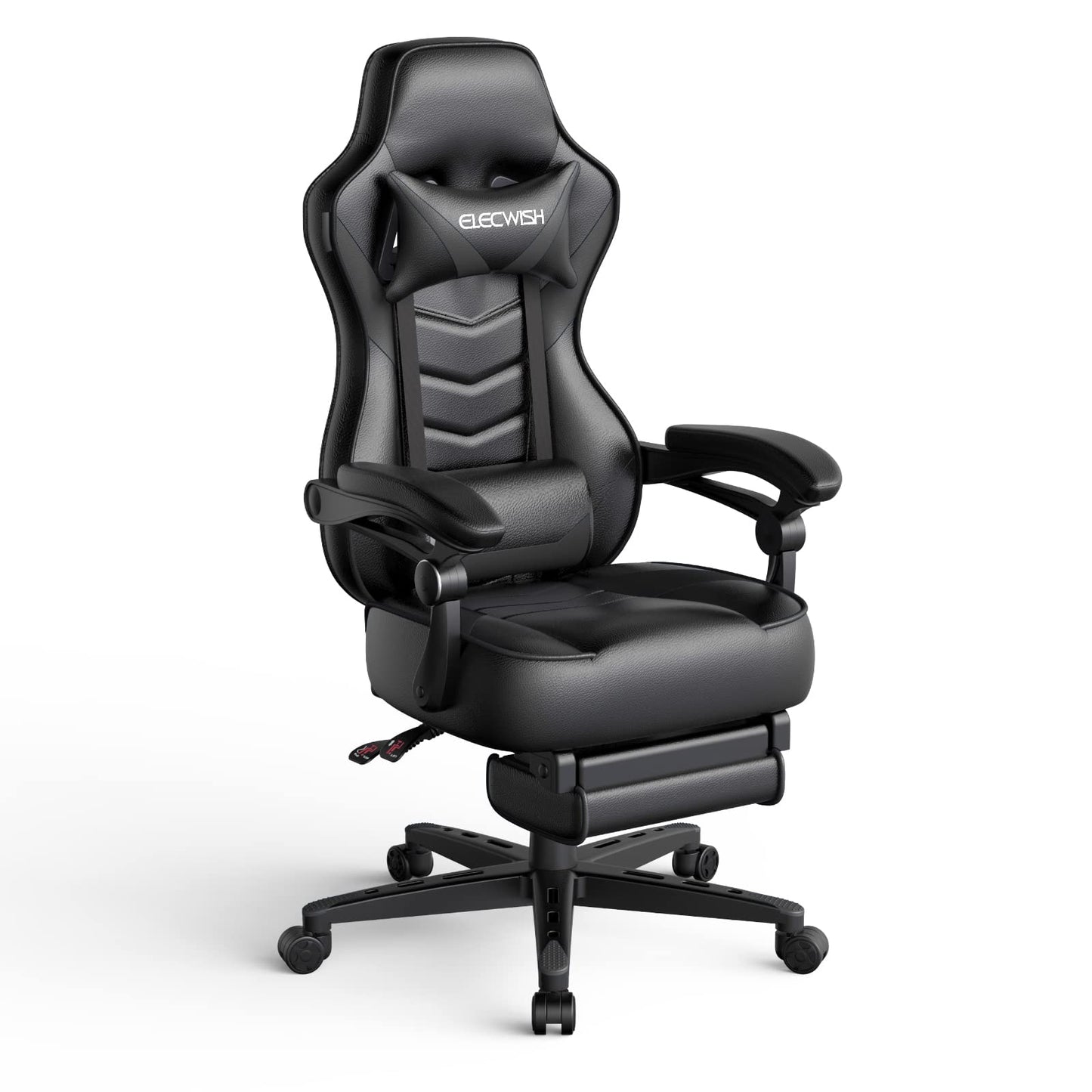 Fullwatt racing gaming chair for adults with footrest, massage lumbar pillow, swivel, adjustable height, recline, black PU leather.