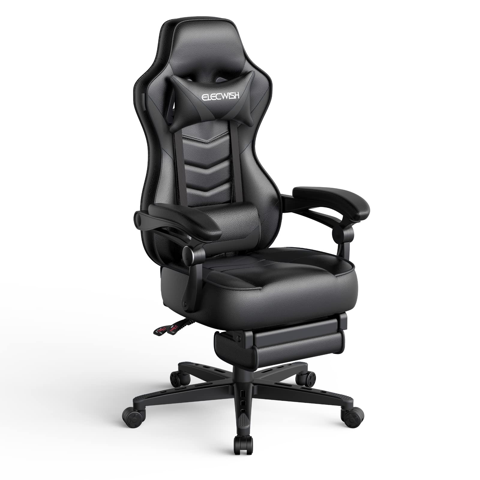 Fullwatt racing gaming chair for adults with footrest, massage lumbar pillow, swivel, adjustable height, recline, black PU leather.