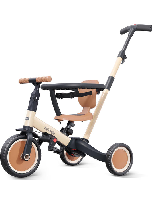 newyoo Toddler Trike with Parent Handle for 1-3 year old, Toddler Bike, Baby Balance Bike, Birthday Gift & Ride-On Toy for Boy & Girl, 5 in 1 Kids Tricycle with Safety Guard, TR008, Khaki