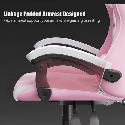 Pink bigzzia ergonomic gaming chair with lumbar cushion and headrest, height-adjustable office chair for adults, suitable for gaming and office use.