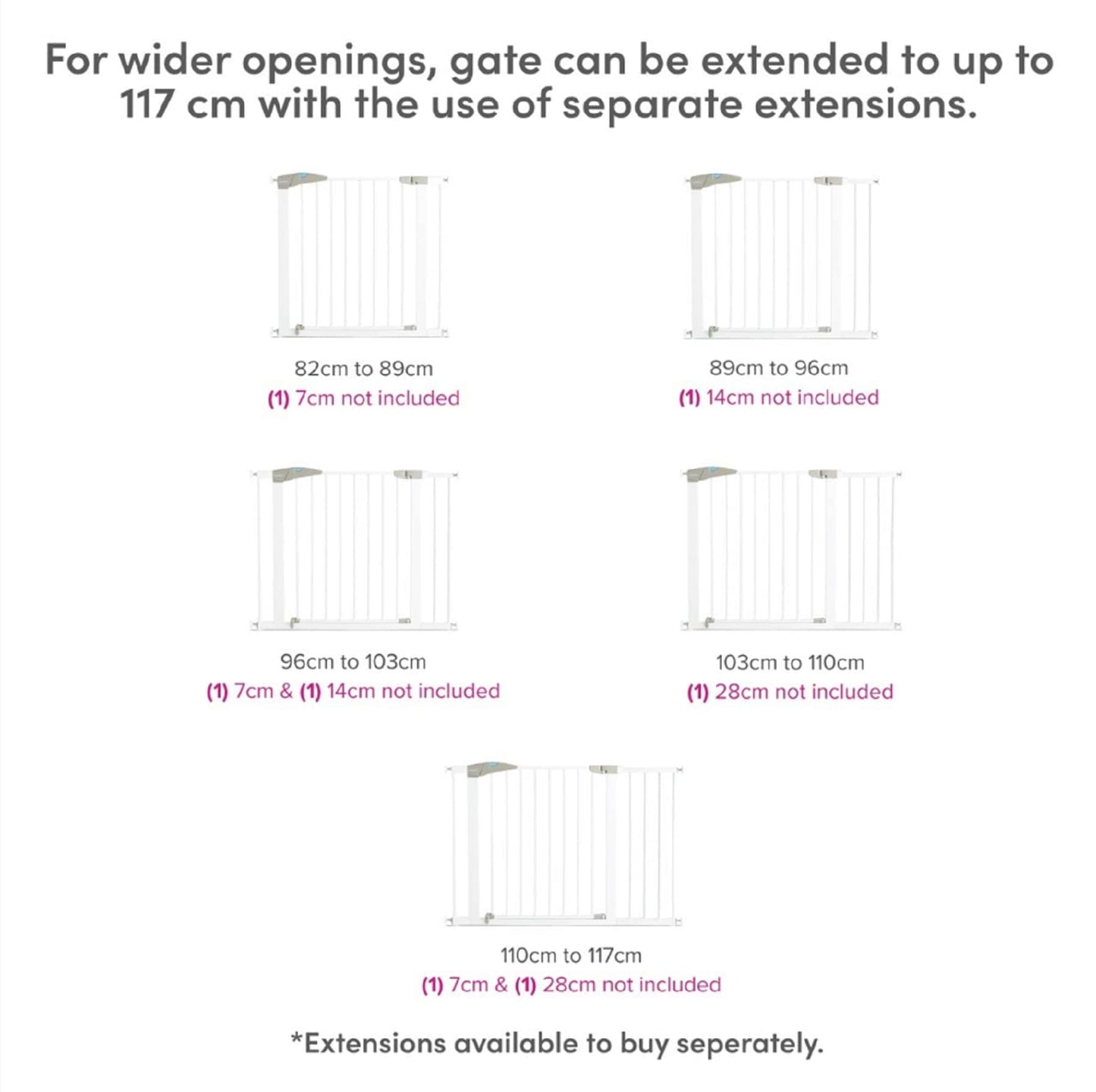 White Munchkin Lindam Sure Shut Axis pressure-mounted stair and baby gate for doorways, easy to install without screws, fits 76-82cm.