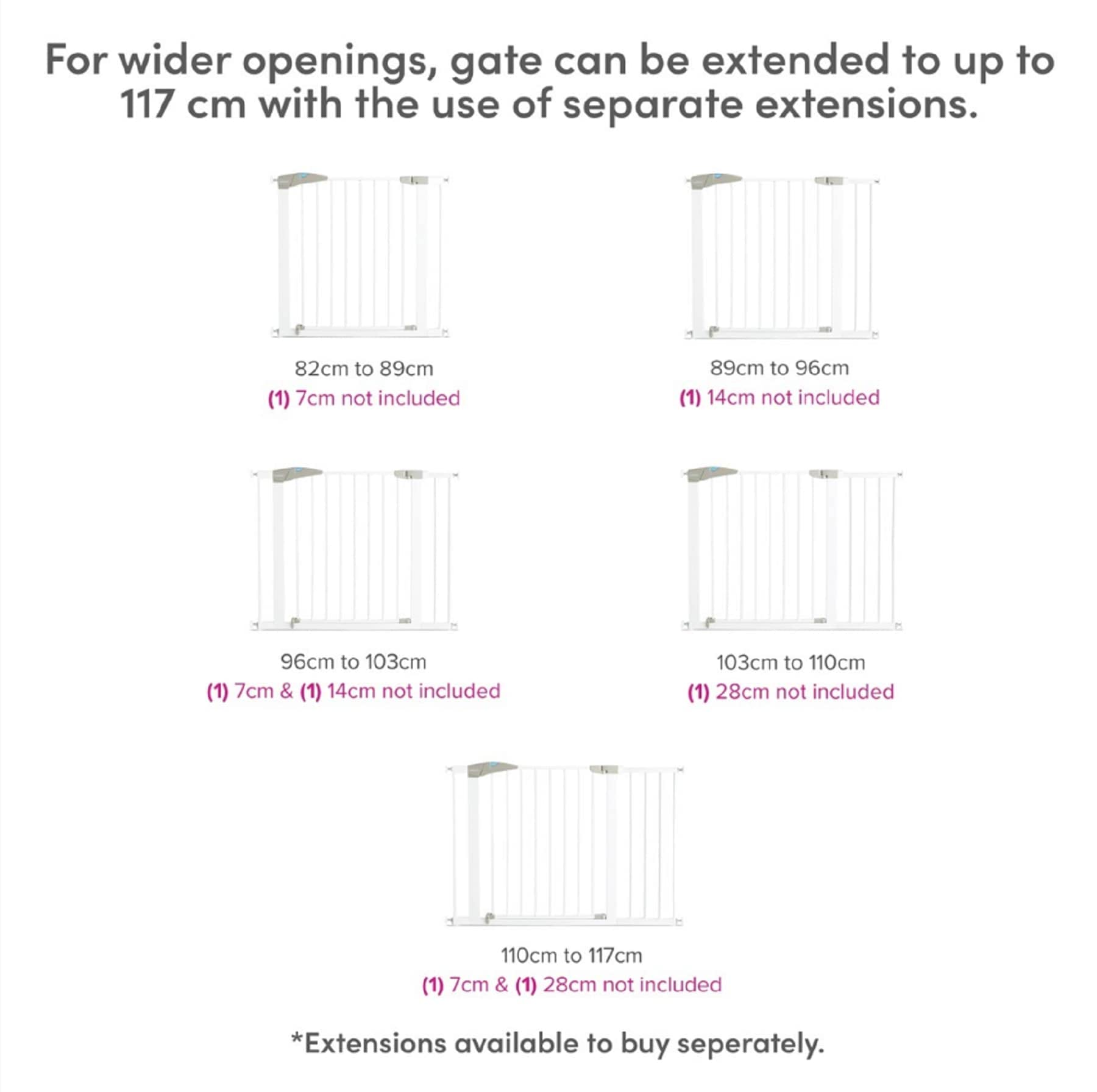 White Munchkin Lindam Sure Shut Axis pressure-mounted stair and baby gate for doorways, easy to install without screws, fits 76-82cm.