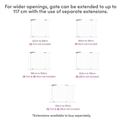 White Munchkin Lindam Sure Shut Axis pressure-mounted stair and baby gate for doorways, easy to install without screws, fits 76-82cm.