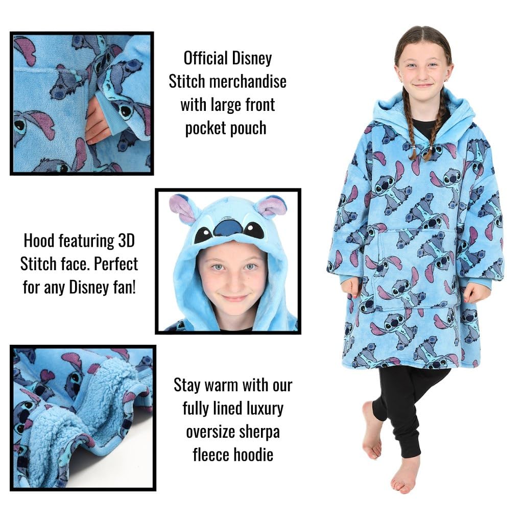 Disney Lilo and Stitch girls' blue hoodie with oversized fleece blanket hoodie design, featuring animated character graphics.