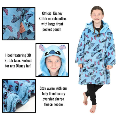 Disney Lilo and Stitch girls' blue hoodie with oversized fleece blanket hoodie design, featuring animated character graphics.