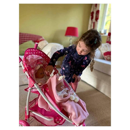 Roma Dotty Dolls Pram with 2 Seats - Dolls Pushchair for 2 Dolls or Teddies, Dolls Double Buggy with Handle Height of 65cm, Suitable for Age 3+, Includes Shopping Basket