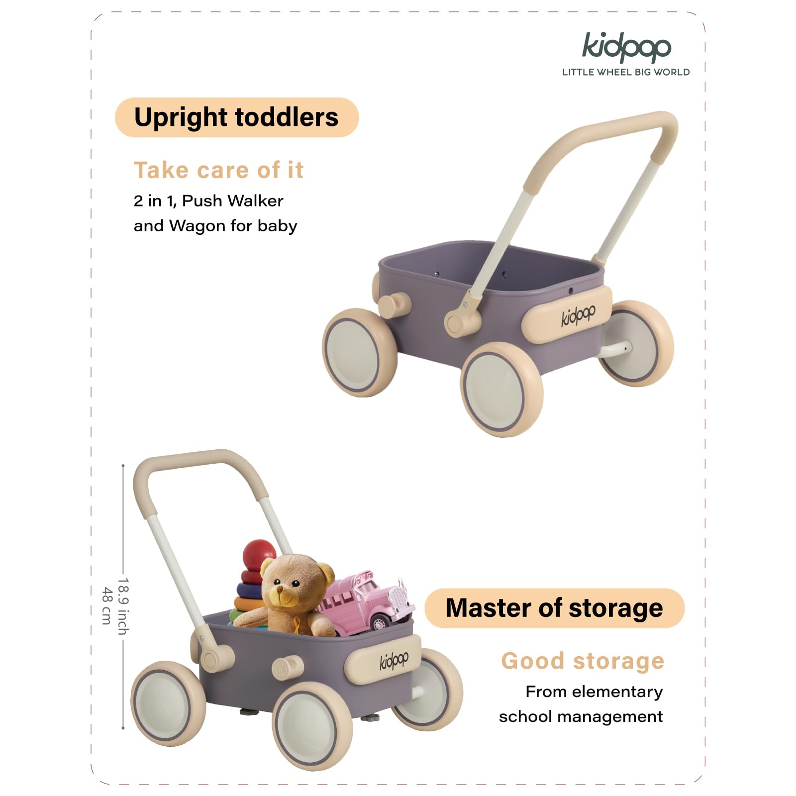 Kidpop PULA push and pull baby walker wagon with wheels, purple toddler balance toy for 7 months to 3 years old.