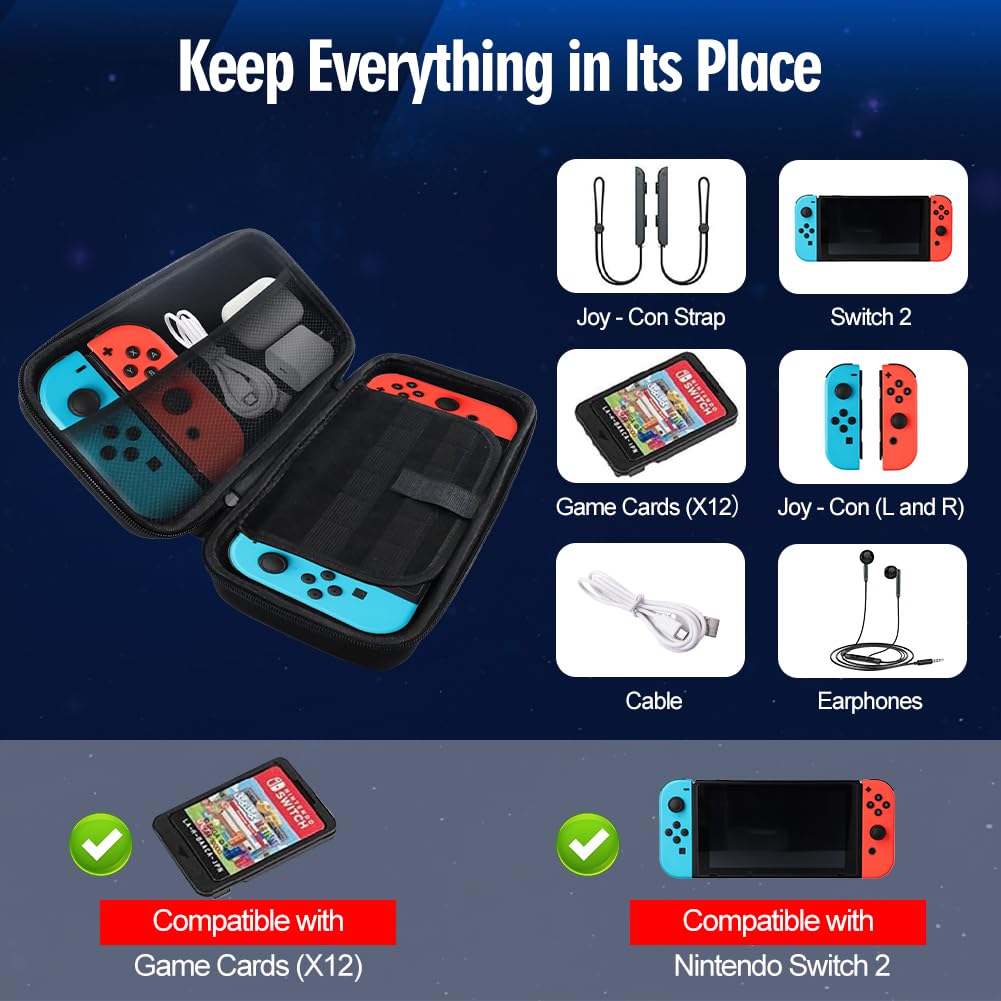 Abnaok Nintendo Switch 2 travel case with padded interior, game card slots, microSD slots, zipped and open pockets for accessories.