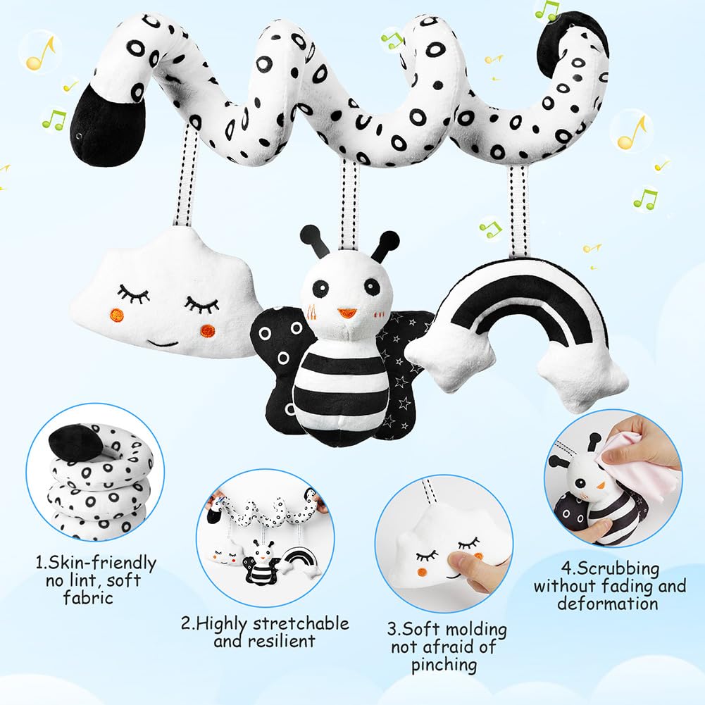 Aolso sensory pram toys in black and white spiral design with a ringing bell, suitable for car seats and cribs.