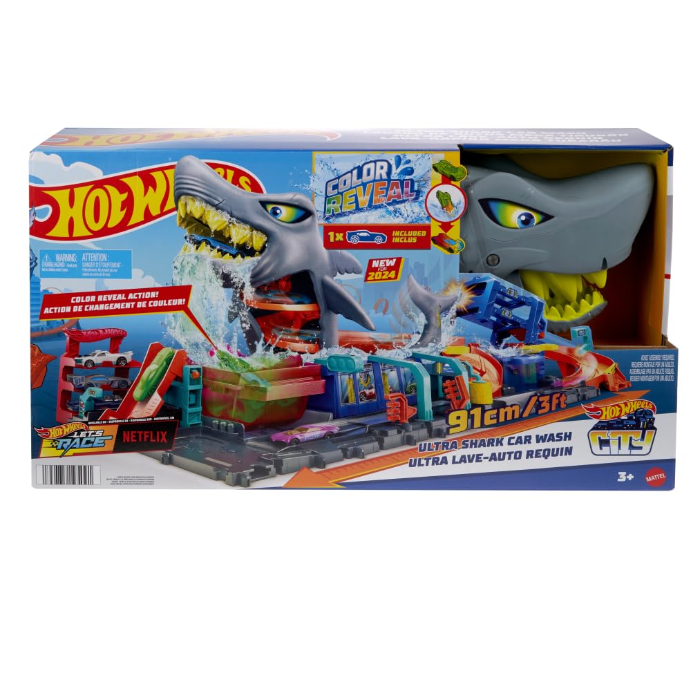 Hot Wheels Let's Race City Toy Car Track Set with Ultra Shark Car Wash and color-reveal toy car, featuring storage.