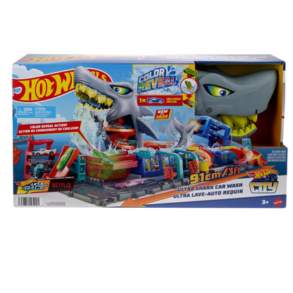 Hot Wheels Let's Race City Toy Car Track Set with Ultra Shark Car Wash and color-reveal toy car, featuring storage.