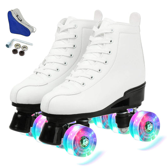 XUDREZ adjustable high-top roller skates with white flash wheels, double row, suitable for indoor and outdoor use, size 36 UK.