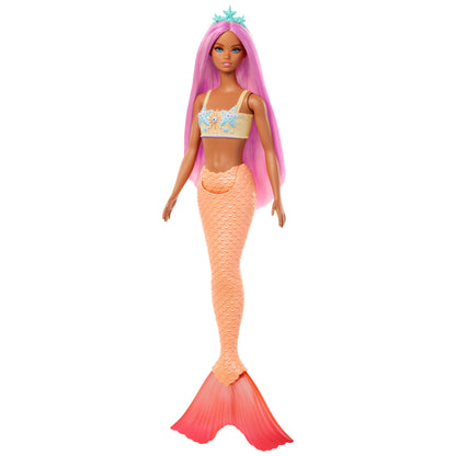 Barbie mermaid doll with pink hair, starfish bodice, and soft orange tail, wearing a headband accessory.