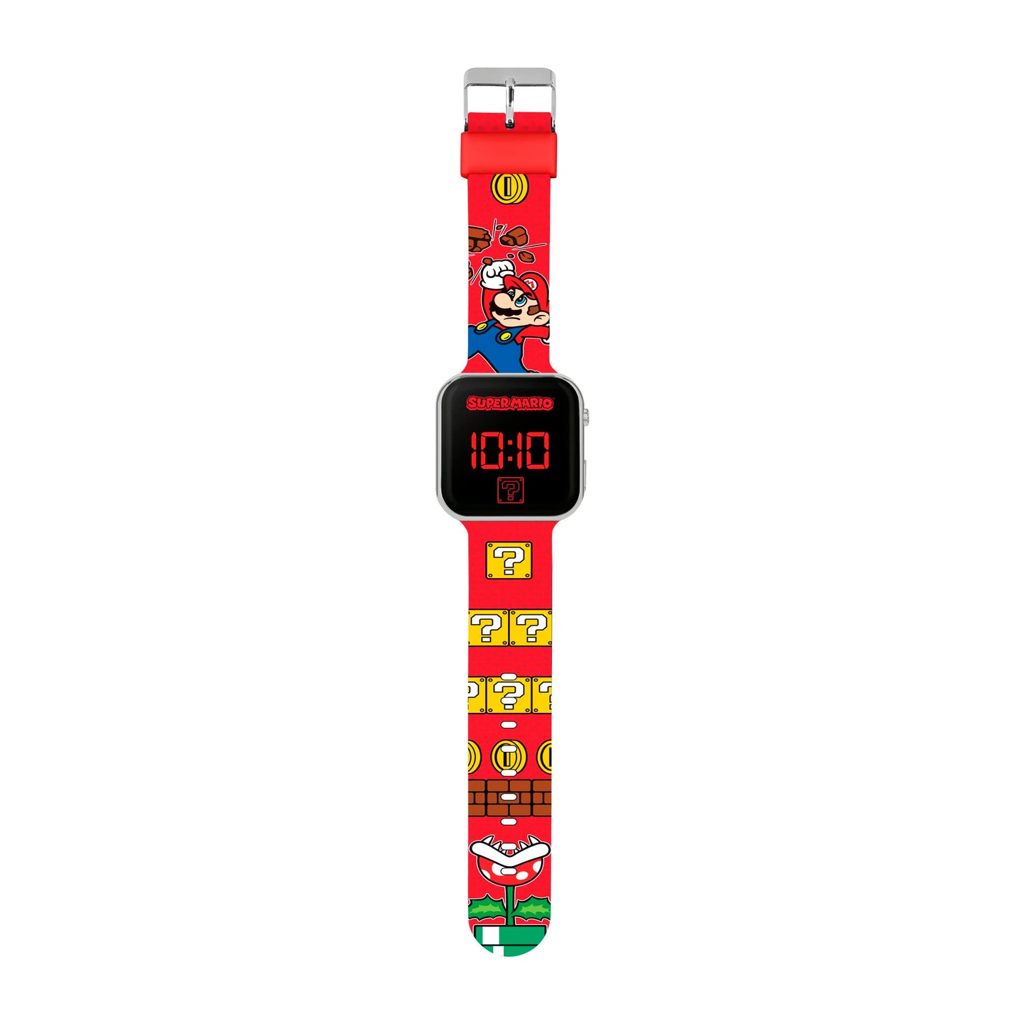 Super Mario LED watch with printed strap, digital display, and GSM4107 model, featuring colorful Super Mario character design.