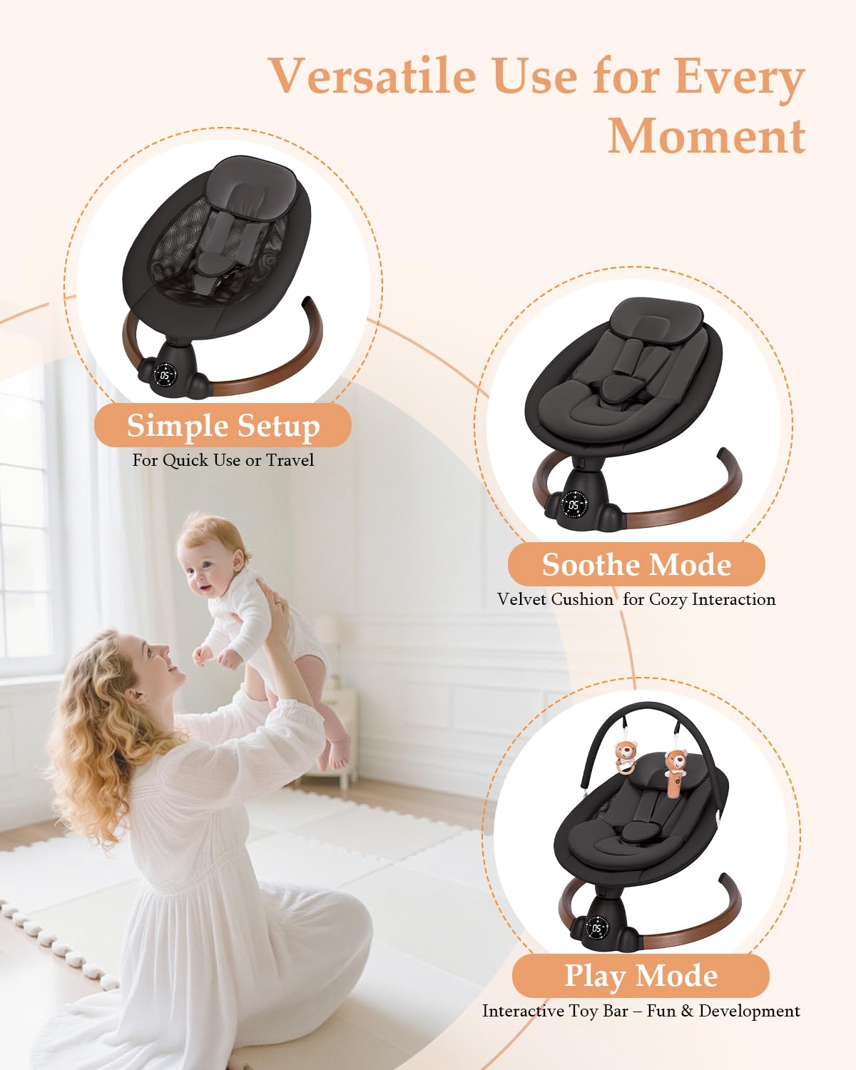 Portable electric baby bouncer with Bluetooth, 5 swing speeds, 10 lullabies, 5-point harness, remote control, touch panel in black.