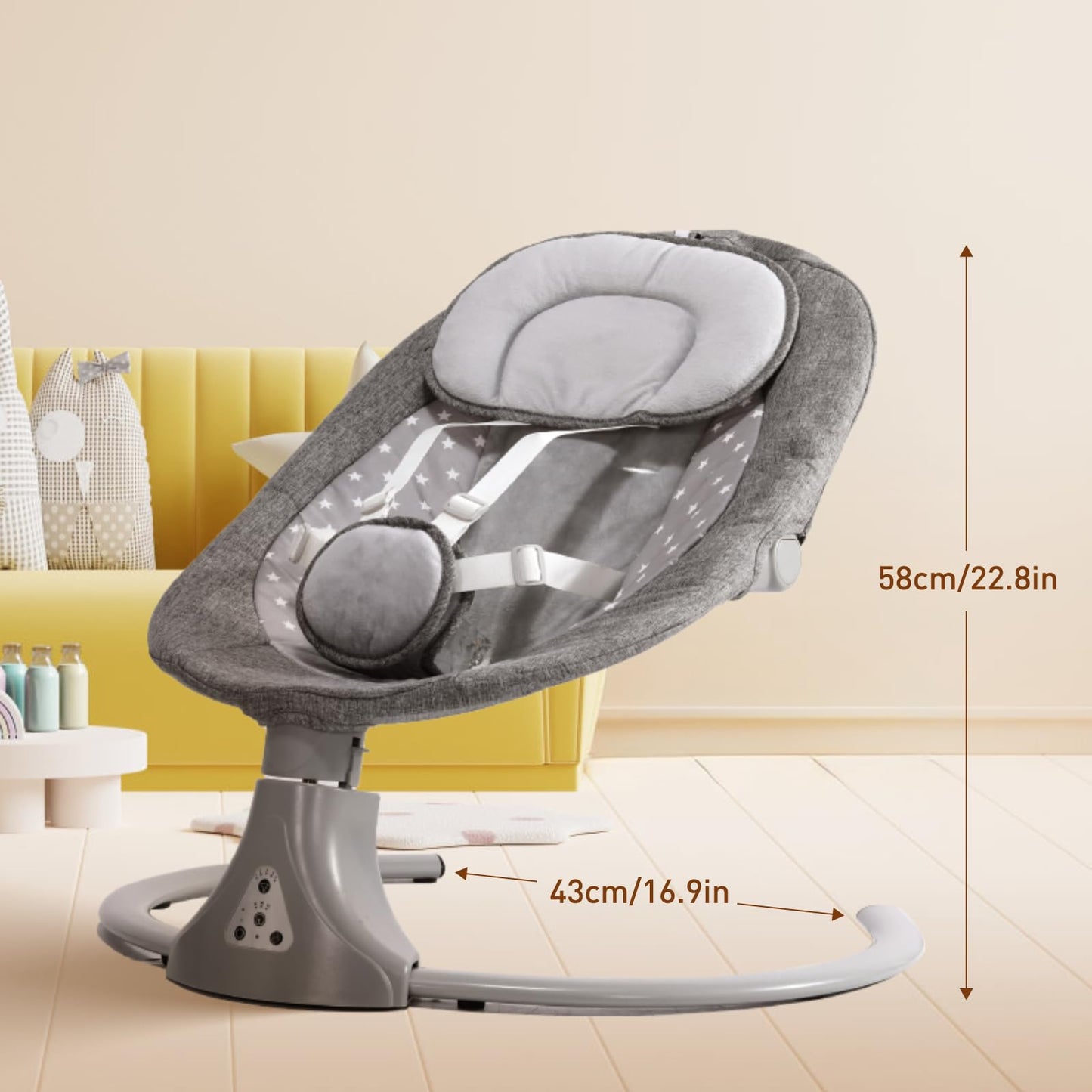 Gray baby swing chair by Kisdream with Bluetooth remote, cordless design, 5-speed levels, 12 lullabies, adjustable angles, and electric rocking