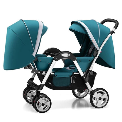 Double Infant Stroller for Twins - Cozy Compact Foldable Baby Pram With Oversized Canopy, Double Seat Tandem Seating (Green)