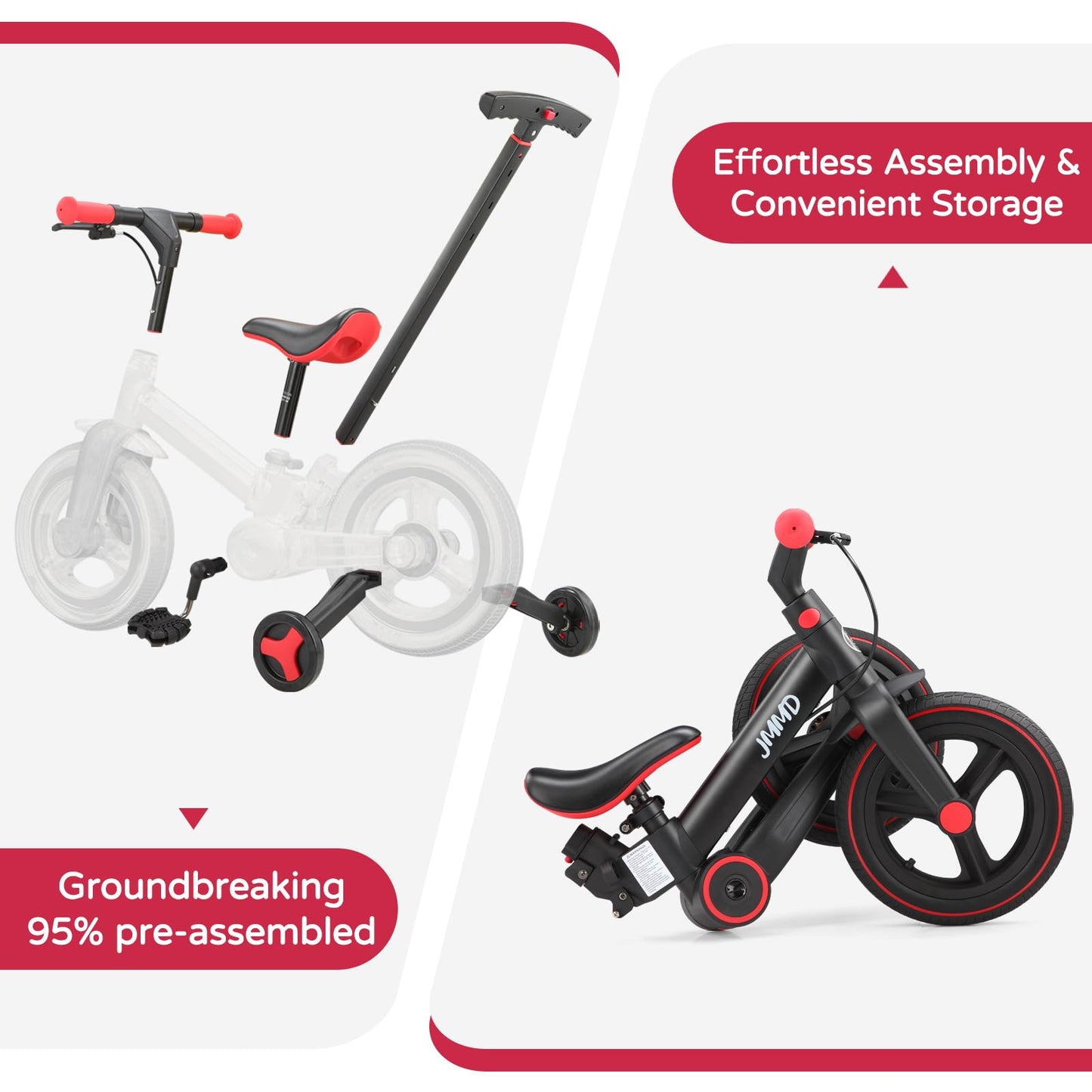 JMMD 6-in-1 toddler bike with training wheels, pedals, adjustable handle, and kickstand for kids ages 18 months to 5 years.