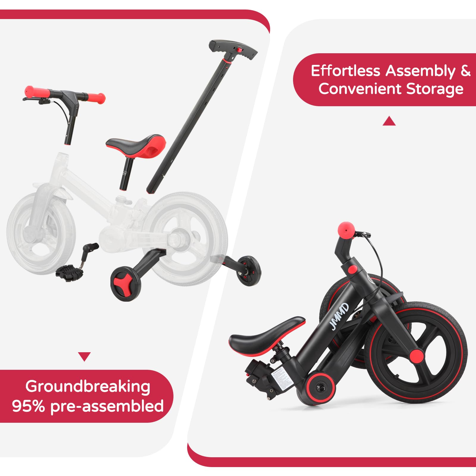 JMMD 6-in-1 toddler bike with training wheels, pedals, adjustable handle, and kickstand for kids ages 18 months to 5 years.