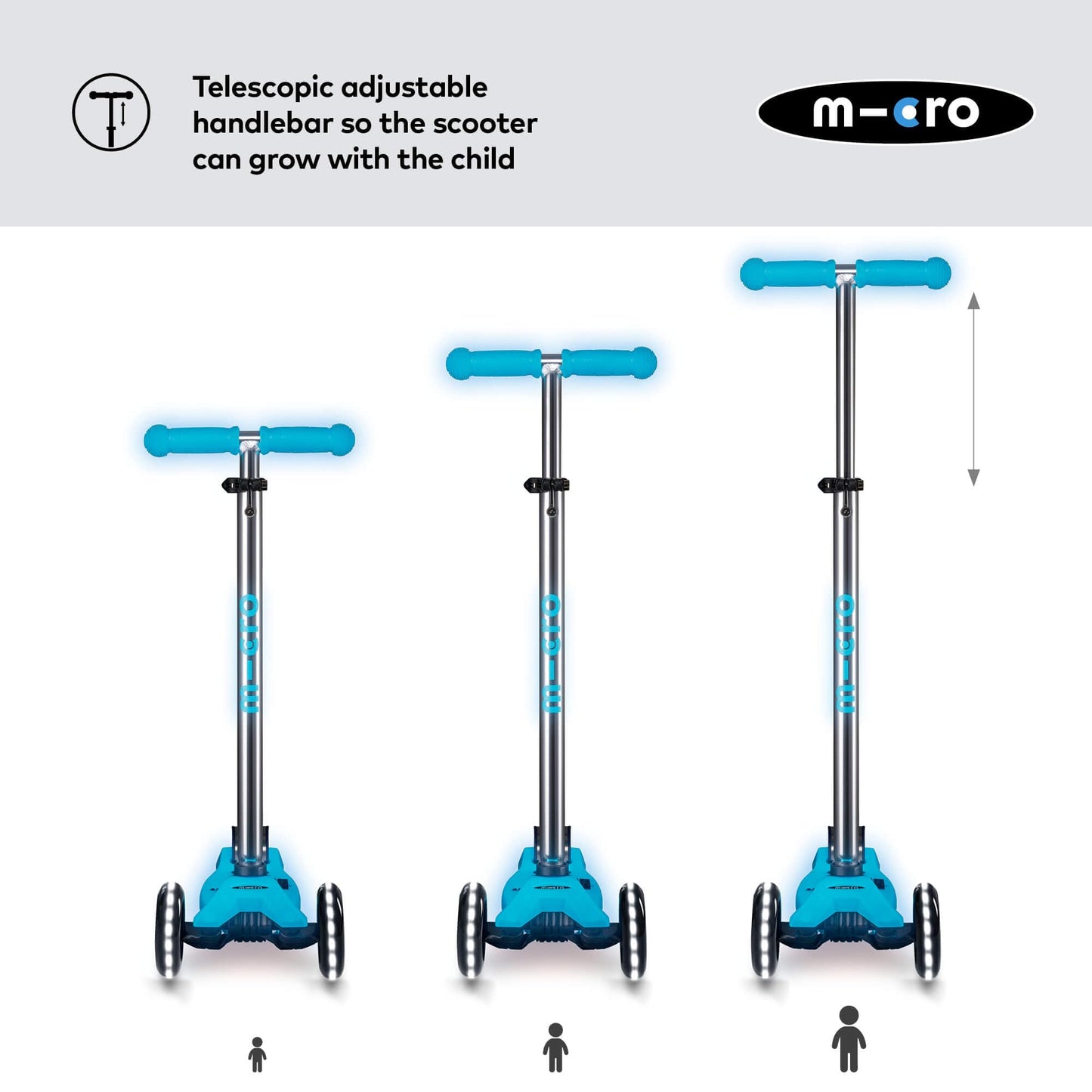 Micro Scooters | Maxi Micro Deluxe LED Children's Scooter | Handlebar Adjustable | Light Up Wheels | Glow In The Dark | Boys & Girls | 5-12yrs | Crystal Blue