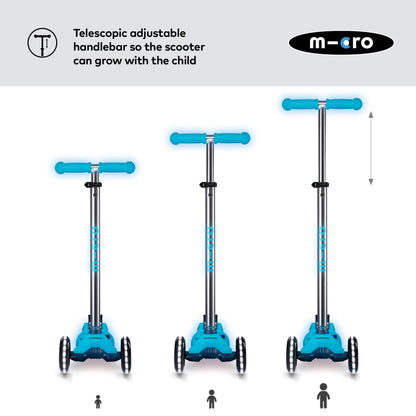Micro Scooters | Maxi Micro Deluxe LED Children's Scooter | Handlebar Adjustable | Light Up Wheels | Glow In The Dark | Boys & Girls | 5-12yrs | Crystal Blue