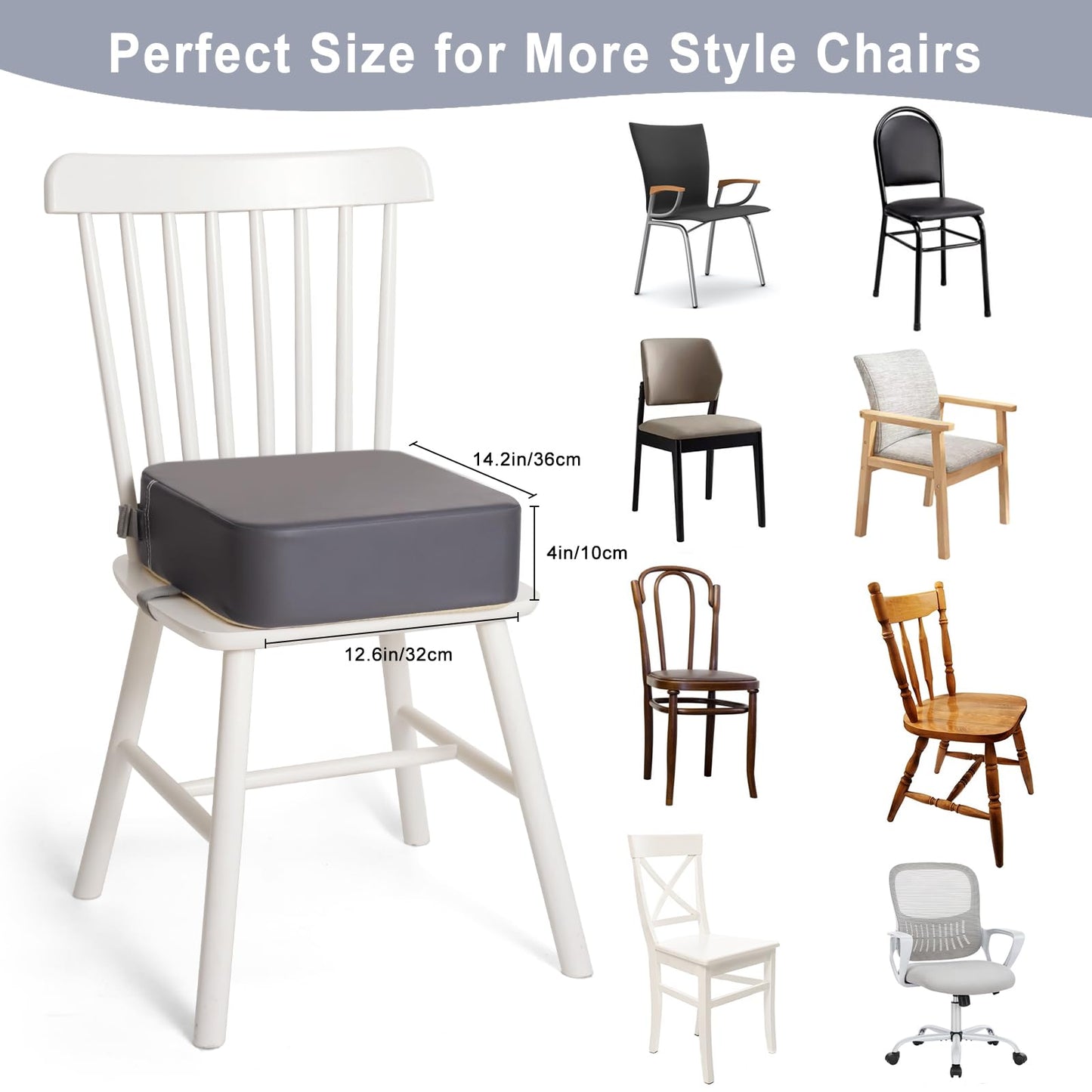 TOTIDYH Toddler Booster Seat for Dining Chair, 10cm PU Washable Baby Booster Seat for Dining Table, Portable Travel Table Booster Cushion for Toddler with 2 Adjustable Straps(Grey)