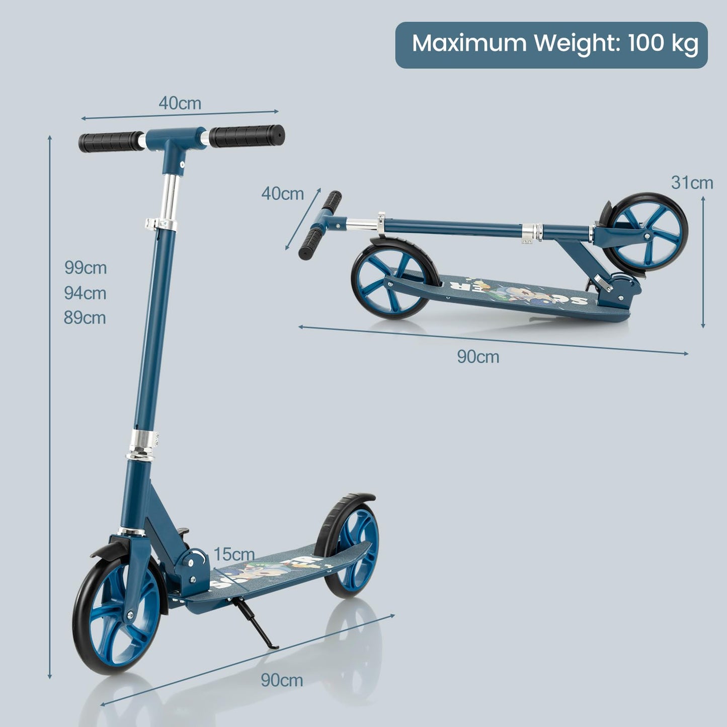 SPOTRAVEL folding kick scooter for kids, featuring adjustable handlebar, rear brake, and kickstand in a vibrant design.