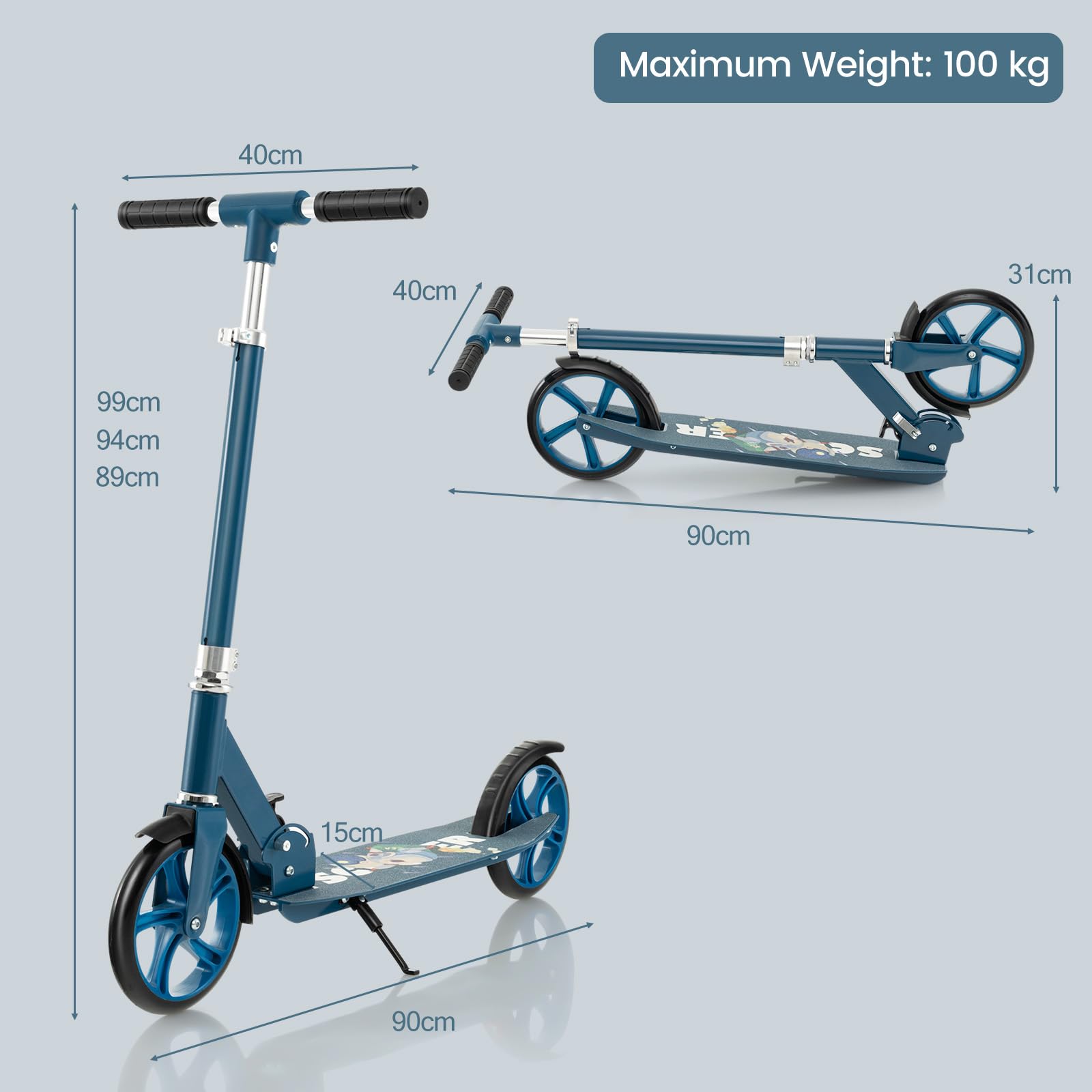 SPOTRAVEL folding kick scooter for kids, featuring adjustable handlebar, rear brake, and kickstand in a vibrant design.