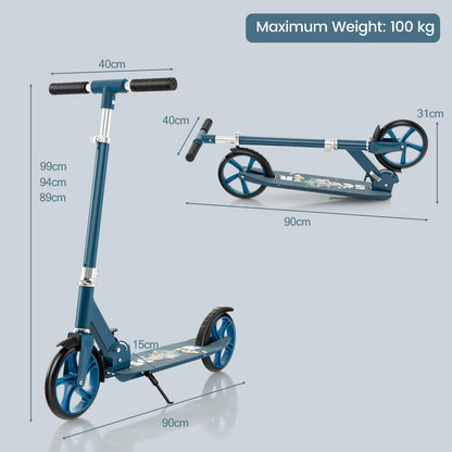 SPOTRAVEL folding kick scooter for kids, featuring adjustable handlebar, rear brake, and kickstand in a vibrant design.