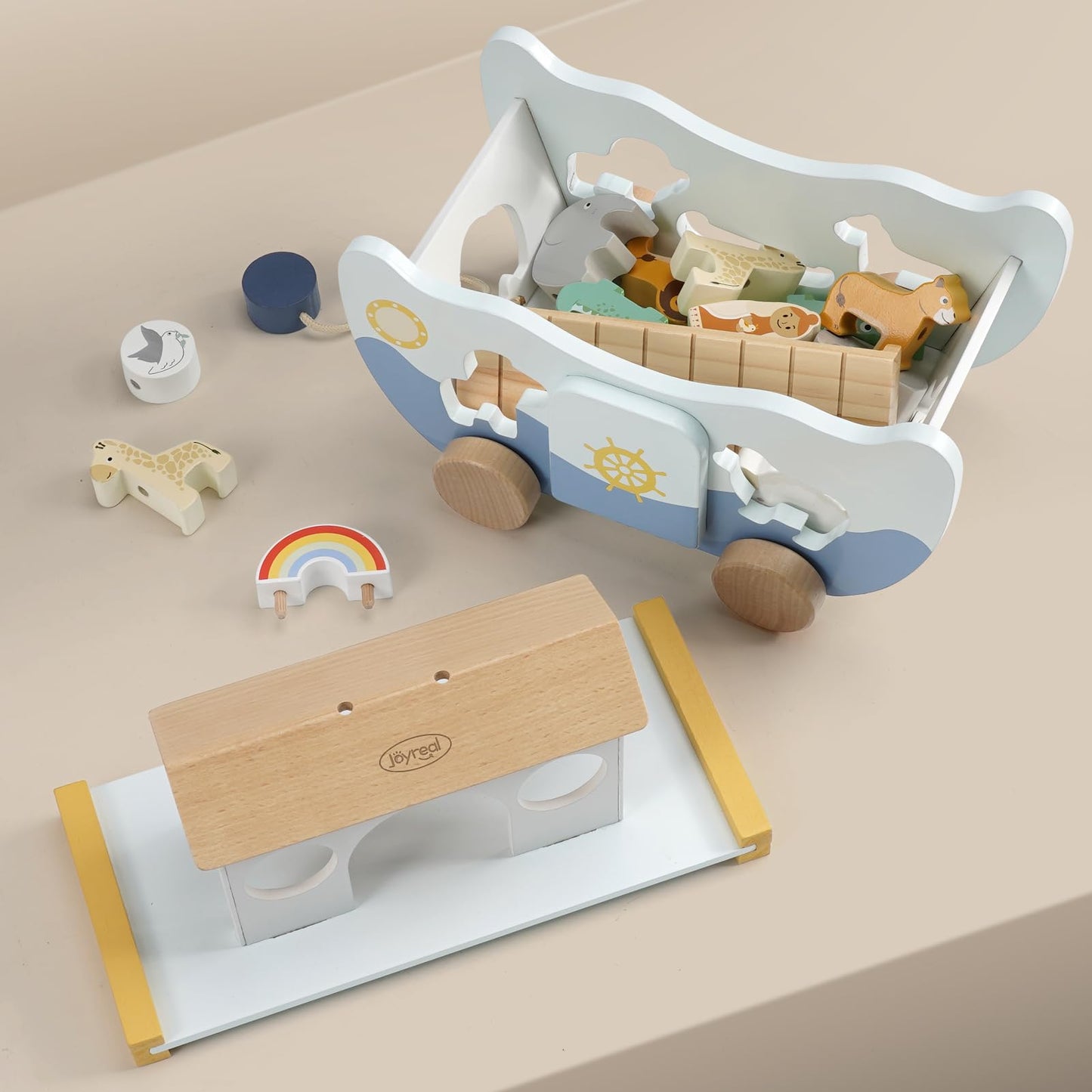 Wooden Noah's Ark toy by Joyreal with farm animal shapes, suitable for 1-3 year old boys and girls, Montessori stacking and sorting toy