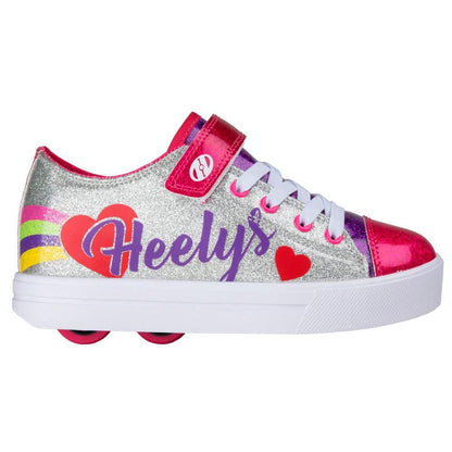 Heelys boys silver rainbow heart sneaker with wheels, He100935 model, size 1 UK, featuring colorful heart design and casual athletic style.