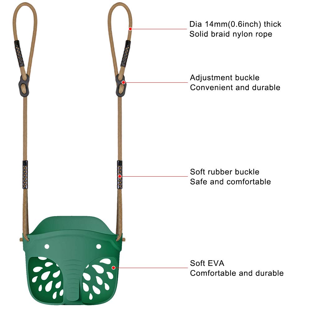 Green elephant-shaped BeneLabel kids' swing seat with high back, adjustable rope, suitable for toddlers 1-3 years, indoor or outdoor use.
