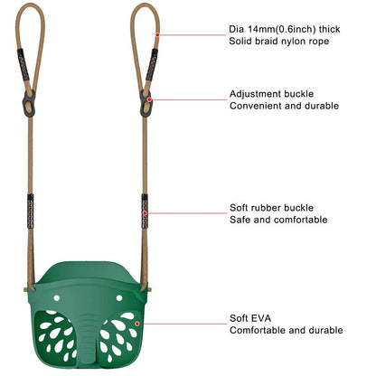 Green elephant-shaped BeneLabel kids' swing seat with high back, adjustable rope, suitable for toddlers 1-3 years, indoor or outdoor use.