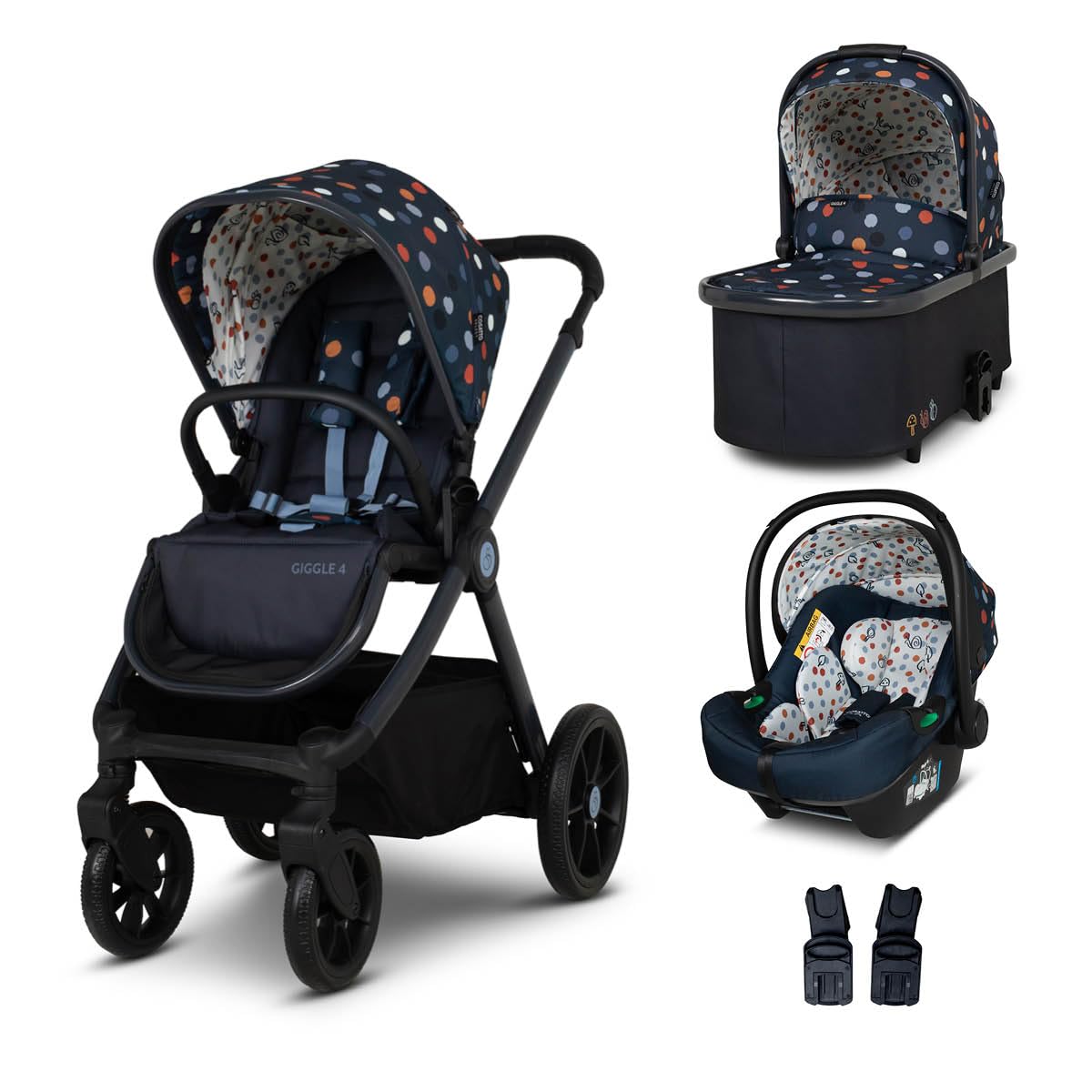 Cosatto Giggle 4 3-in-1 travel system with pram, pushchair, carrycot, infant car seat, raincover, compact fold, suitable for 0-25kg.