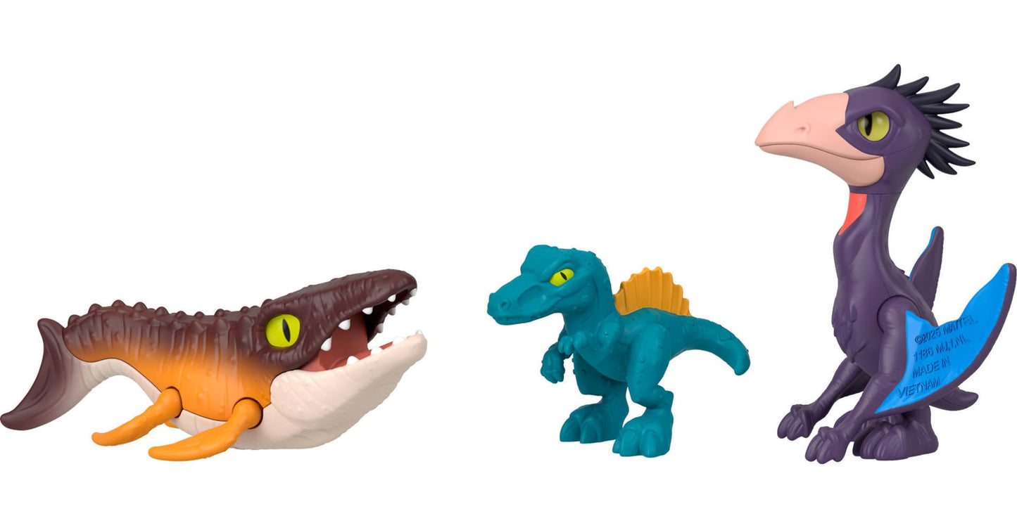 Fisher-Price Imaginext Jurassic World Rebirth action figure set with 3-inch human, five dinosaurs, toy launcher, and accessories.