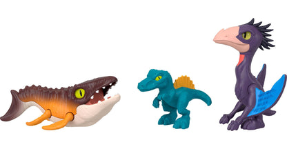 Fisher-Price Imaginext Jurassic World Rebirth action figure set with 3-inch human, five dinosaurs, toy launcher, and accessories.