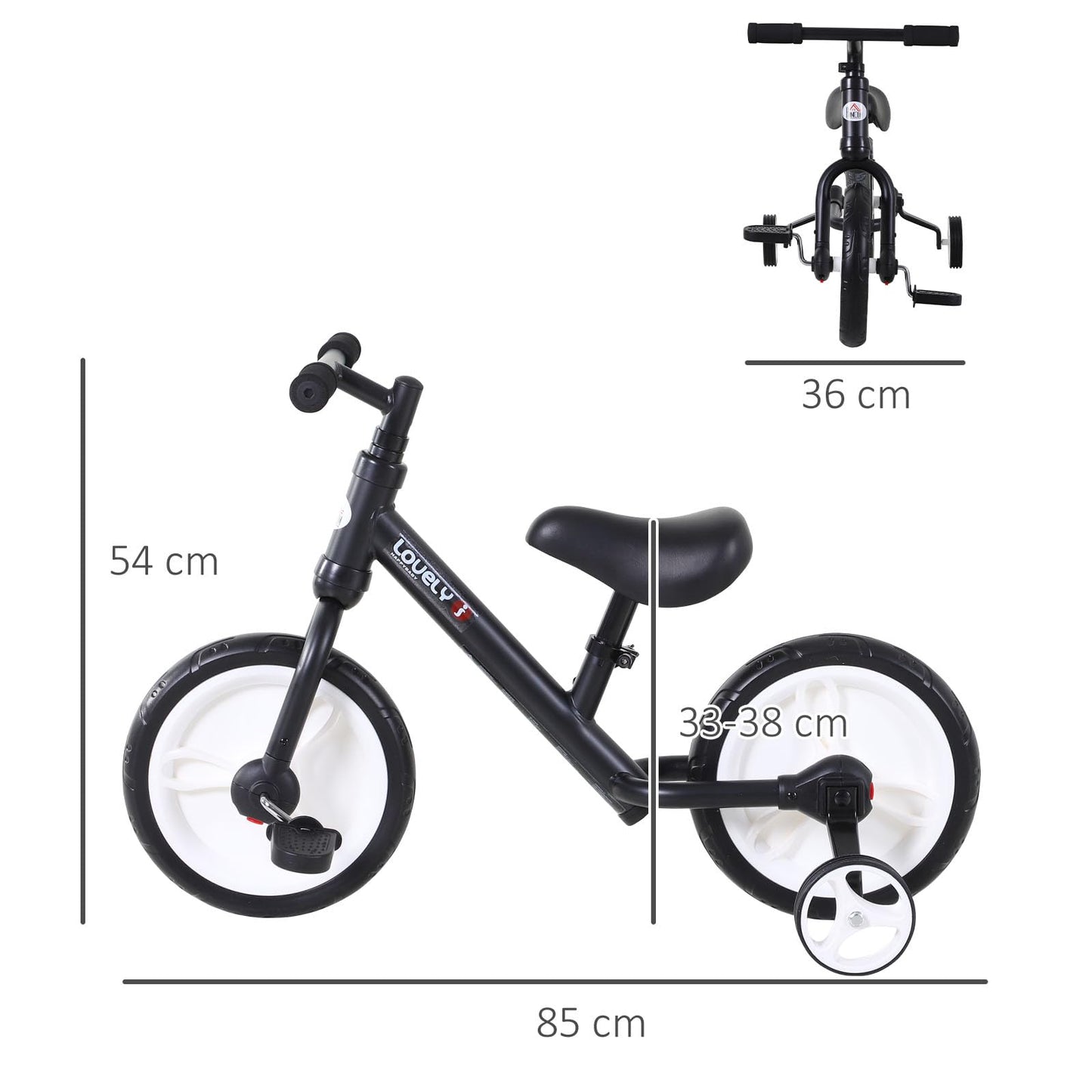 HOMCOM 11-inch kids balance bike in black with removable stabilizers and adjustable seat for ages 2 to 5 years.